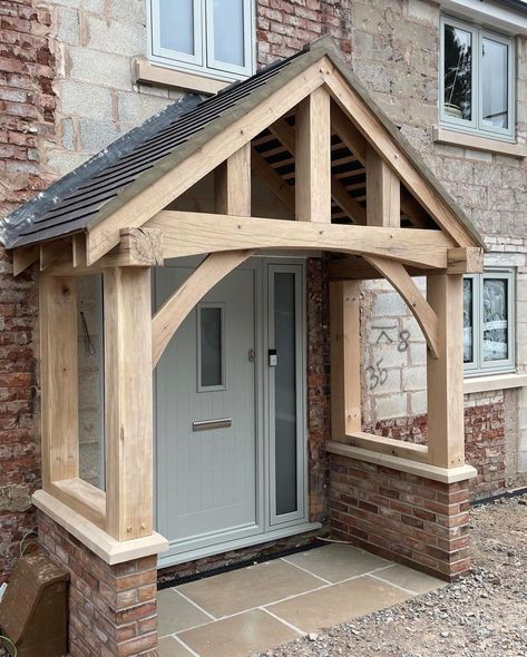 Looking for a stylish new porch in solid oak? We can supply in kit form for you to fit, or we can supply and fit, including any required brickwork etc. Just drop us a message and we’ll be happy to provide you with a bespoke quotation. #oakporch Hallway Window Decor, Oak Porch Lighting, Oak Porch Bungalow, Oak Porches Timber Frames, Front Door Shelter, Front Door With Porch, Oak Front Porch, Oak Frame Porch, Timber Front Porch