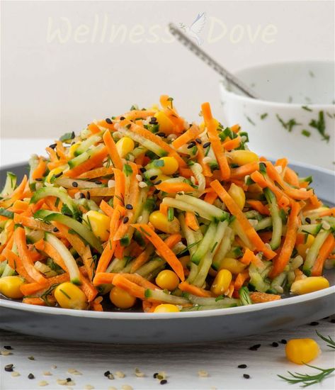 Fresh cucumber carrot salad Cucumber Carrot Salad, Healthy Oil, Carrot Salad Recipes, Cucumber Salsa, Canning Sweet Corn, Quinoa Burgers, Fresh Cucumber, July Recipes, Vegan Salad Recipes