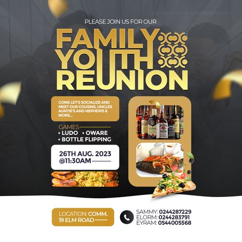 Reunion Banner Design, Reunion Flyer Design, Family Reunion Flyer, Bar Flyer, Event Planner Logo, Mini Posters, Planner Logo, Flyers Design, Desain Buklet