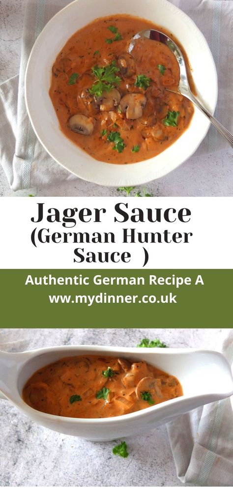 German Gravy Mushrooms, Chicken Schnitzel Gravy Recipe, Jaeger Schnitzel Sauce, Gravy For Schnitzel, Jaeger Sauce German Recipes, Hunters Sauce Recipe, German Hunter Sauce, Hunter Schnitzel Recipe, Jager Schnitzel Recipe Mushroom Sauce