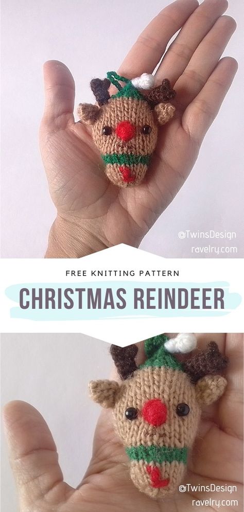 Christmas Knitted Ornaments, Reindeer Knitting Pattern Free, Knitted Christmas Ornaments Free Pattern, Small Knitting Projects Free, Knitted Christmas Ornaments, Christmas Knits, Christmas Knitting Projects, Knit Christmas Ornaments, Knitted Christmas Decorations