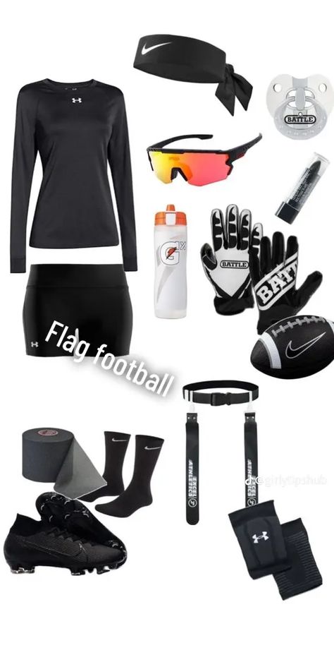 Blackout Outfits Football, Flag Football Outfit Women, Football Training Outfit, Football Bag Essentials, Girls Flag Football Outfits, What’s In My Soccer Bag, Girls Flag Football Aesthetic, Athletic Outfits For School, Football Workouts Training