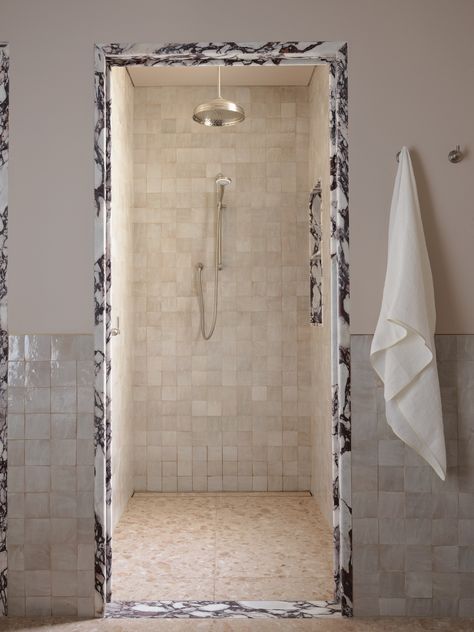 Home Tour | Salsa Verde by Arent&Pyke Moroccan Wall Tiles, White Moroccan Tile, Wet Room Flooring, Victorian Terraced House, Powder Rooms, Bathroom Inspo, Wet Rooms, Shower Design, Residential Design