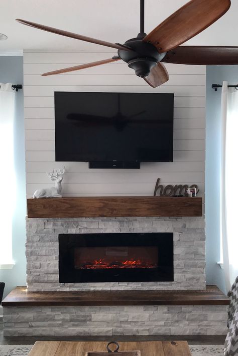 Shiplap/Stone Electric Fireplace Electric Fireplace Wall Ideas Stone, Brick Electric Fireplace With Tv, Shiplap Fireplace With Stone Surround, Corner Fireplace With Stone And Shiplap, Electric Fireplace In Wall With Tv, Fireplace Mantle With Electric Fireplace, Built Out Electric Fireplace Wall, Electric Fireplace Ideas With Tv And Bench, Electric Fireplace Ideas With Tv Farmhouse