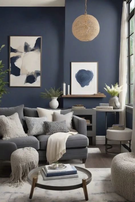 Blue Paint Color For Living Room, Colorful Living Room Bright, Renovation Living Room, Paint Colors 2024, Blue Grey Living Room, Blue Feature Wall, 2024 Interior Design, Blue Walls Living Room, Modern Paint Colors