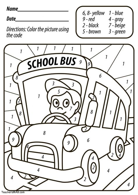 Back-to-School Free Printables and Worksheets | TeachersMag.com Back To School Coloring Sheets Free Printables, Back To School Color By Number Printable Free, School Bus Safety Free Printable, School Bus Activities, Back To School Color By Number, School Bus Activities For Preschool, School Bus Coloring Page Free Printable, Back To School Coloring Sheets, School Bus Safety