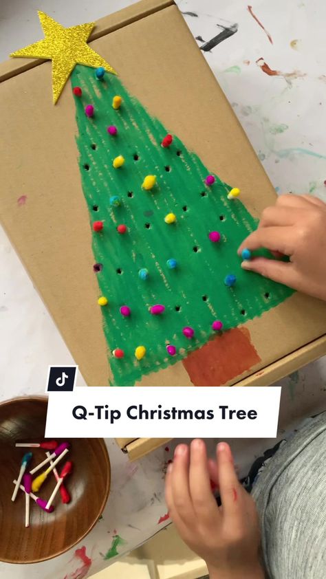 Q-TIP CHRISTMAS TREE Practice colour match and fine motor skill with this upcycled craft for kids! You’ll need some cardboard box, q-tips, dot markers Age: 3 years + MESS Level: low DIFFICULTY TO CREATE: easy SKILLS DEVELOPED: sorting, colour recognition, hand-eye coordination, fine motor skills, imaginative play, creativity. _____________ PLaY🌈CReaTivEly #happytoddlerplaytime Fine Motor Activities For Toddlers Christmas, Q Tip Christmas Tree, Winter Activities For Kids Toddlers, Fine Motor Christmas Tree, Christmas Fine Motor For Toddlers, Christmas Tree Toddler Activities, Christmas Play Activities, Christmas Construction Eyfs, No Mess Toddler Activities