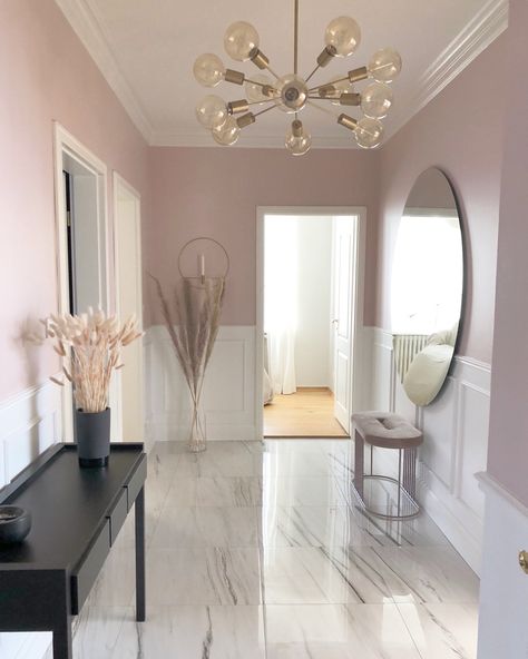 Pink, marble tiles, wall moldings Pink Wall Molding, White Marble With Pink Veins, Pale Pink Hallway, Pale Pink Room, Marble Floor Living Room, Painted Wooden Floors, Pink Hallway, Pink Grey Wall, Grey Laminate Flooring