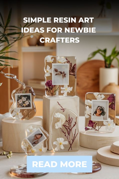 Resin crafts featuring floral designs and photos displayed on wooden blocks. Resin Picture Ideas, Easy Resin Art, Art With Photos, Resin Keepsake, Resin Art Ideas, Acrylic Pouring Techniques, Using Resin, Creative Diy Projects, Resin Supplies