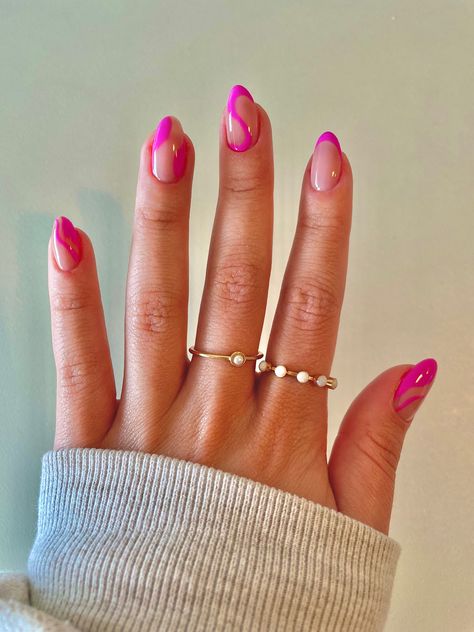 Hot Pink Minimalist Nails, Hot Pink Acrylic Almond Nails, Hot Pink Oval Nails Designs, Pink Prom Nails Almond, Pink Barbie Nails Short, Simple Barbie Nails, Pink French Tip Nails Oval, Pink Prom Nails Short, Magenta Prom Nails