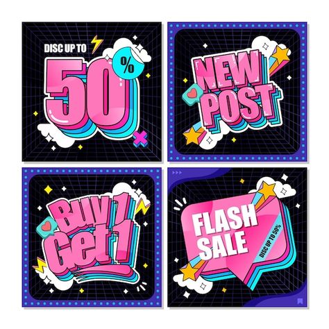 90s collection of sale social media post... | Premium Vector #Freepik #vector #fun #sale #color #business Discount Social Media Design, Flyers Ideas, Childrens Dolls, Fun Graphics, Friday Fun, Discount Banner, Work Inspiration, Google Ads, Media Post