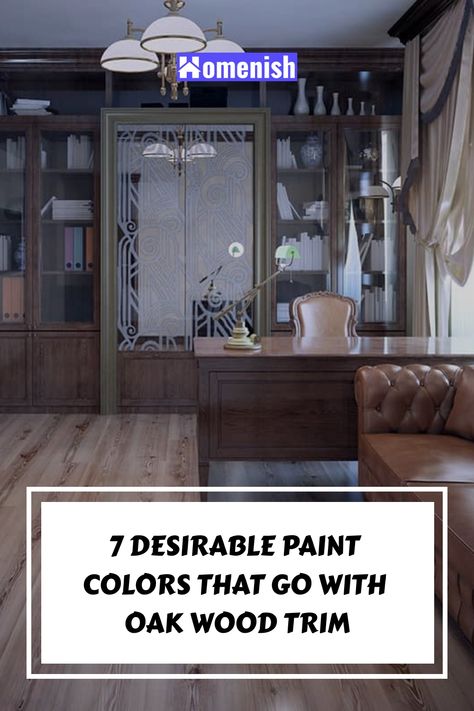 If you’re looking to remodel your home’s interior and like the idea of using oak wood accents, you’ll need to think of what paint colors go with oak wood trim. There are many colors you can use to bring out the beauty of your wood trim, no matter what stain color the wood itself is. Whether your oak wood trim is light or dark, you can pair it with bold or neutral hues to highlight the undertone of the wood. Paint Colors That Go With Wood Trim, Dark Stained Wood Trim, Honey Oak Trim, Stained Wood Trim, Oak Wood Trim, Black Paint Color, Oak Trim, Neutral Paint Color, Sherwin Williams Colors