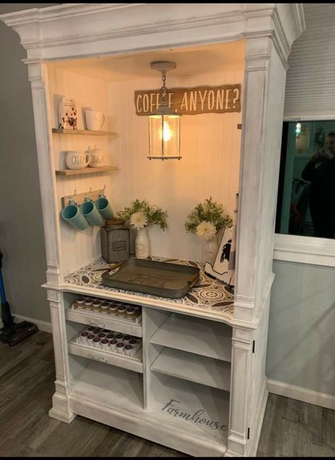 Armoire Makeover Coffee Bar, Coffee Armoire Ideas, Coffee Hutch Diy, Repurposed Coffee Bar, Coffee Bar Armoire Ideas, Coffee Bar Cabinet Ideas, Coffee Hutch Ideas, Diy Coffee Bar Cabinet, Coffee Bar Hutch Ideas