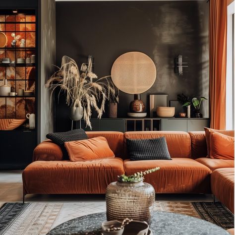 Burnt Orange Couch Living Room, Rust Living Room Decor, Rust And Green Living Room, Rust Living Room Ideas, Rust Couch, Rust Living Room, Living Room With Dining Area, Earthy Kitchen, Velvet Sofa Living Room