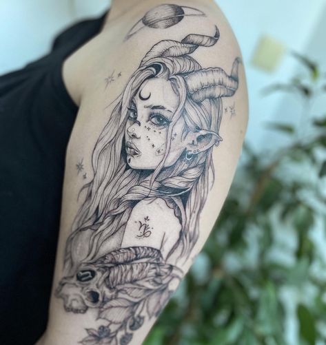 Capricorn Goddess and Saturn tattoo located on the arm and shoulder Side Sleeve Tattoos Women, Women With Horns Tattoo, Capricorn Chest Tattoo For Women, Pretty Capricorn Tattoo, Goth Capricorn Tattoo, Capricorn Witch Tattoo, Capricorn Libra Tattoo, Capricorn Tattoo Sleeve, Capricorn Lady Tattoo