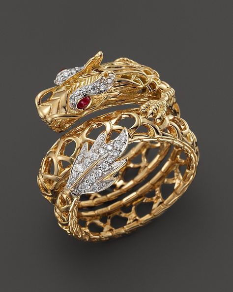 John Hardy Batu Naga 18K Yellow Gold Diamond Pavé Dragon Coil Ring with African Ruby Eyes Gold And Silver Bracelets, Dragon Ring, Sopot, Dragon Jewelry, John Hardy, Sell Gold, Gold Gold, Anklet Jewelry, Diy Schmuck