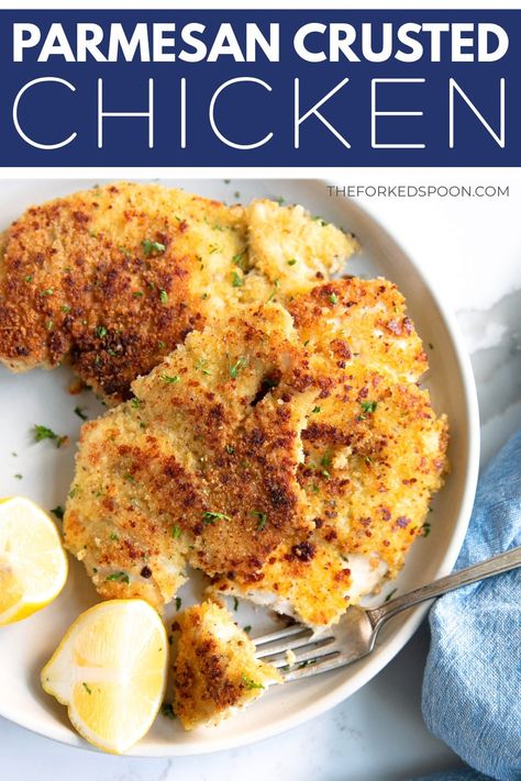 This Parmesan Crusted Chicken is made with thinly sliced chicken breast cutlets that are dredged in a delicious parmesan and panko bread crumb coating and pan-fried until perfectly crisp and golden brown. Easy to prepare and full of flavor, the whole family will love this amazing low-carb chicken recipe. Chicken And Bread Crumbs Recipes, Recipes With Chicken Breast, Sliced Chicken Breast Recipes, Chicken Breast Cutlets, Chicken 101, Fried Breaded Chicken, Fried Chicken Breast Recipe, Crusted Chicken Recipes, Chicken Cutlet Recipes