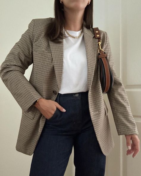 Dog Tooth Blazer Outfit, Brown Checkered Blazer Outfit, Checkered Blazer Outfit, Houndstooth Blazer Outfit, Tweed Blazer Outfit, Edgy Work Outfits, Summer Work Outfits Office, Smart Casual Work Outfit Women, Summer Business Casual Outfits