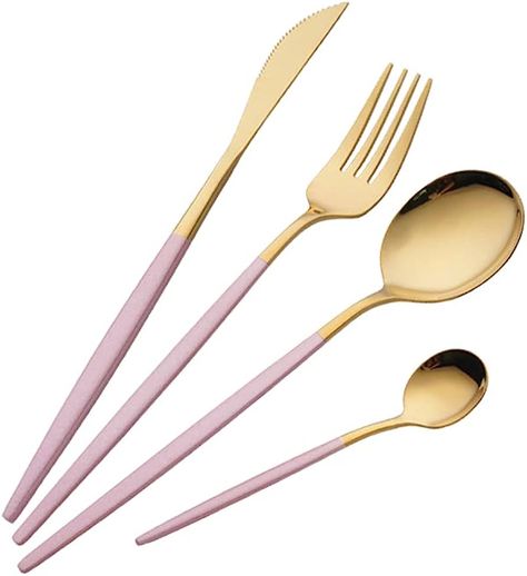 16 Piece Pink and Golden Cutlery Set,Pink Handle Knife Fork Spoon Set,Pink Gold Stainless Steel Cutlery,4 Person Dinner Set (Pink Gold) : Amazon.co.uk: Home & Kitchen Blush Pink Bedroom Decor, Golden Cutlery, Blush Pink Living Room, Blush Pink Nursery, Pink Living Room Decor, Gold Cutlery Set, Cutlery Design, Pink Bathroom Decor, Pink Wall Decor