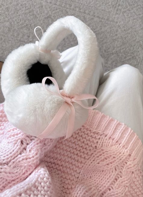 Winter accessories, white fluffy earmuffs, coquette, pink, soft aesthetic, chunky pink sweater Pink Earmuffs Outfit, Light Pink Winter Aesthetic, Soft Pink Winter Aesthetic, Winter Pink Aesthetic, Pinkmas Aesthetic, Pink Xmas Nails, Earmuffs Aesthetic, Pink Winter Aesthetic, Winter Aesthetic Pink