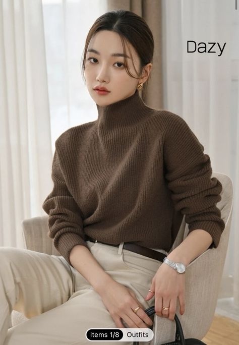 Turtle Neck Brown Outfit, Highnecksweater Outfits Women, Brown V Neck Sweater Outfit, Turtle Neck Outfits For Women, Coffee Brown Outfit, Brown Pullover Outfit, Turtle Neck Outfit Women Casual, Brown Crewneck Outfit, Brown Casual Outfit