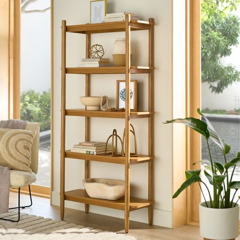 Bathroom Shelves With Baskets, Living Room Book Storage, Tall Book Shelf Ideas, Living Room Plant Stand, Light Wood Bookshelf, Japandi Bookcase, Renter Friendly Shelves, Bamboo Bookshelves, Living Room And Playroom Combo