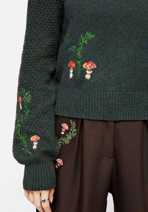 Mushroom Embroidery, Academic Aesthetic, Embroidered Jumper, Tailored Jumpsuit, Embroidered Cardigan, Swimwear Dress, Embroidered Sweater, Clothes Crafts, Printed Denim