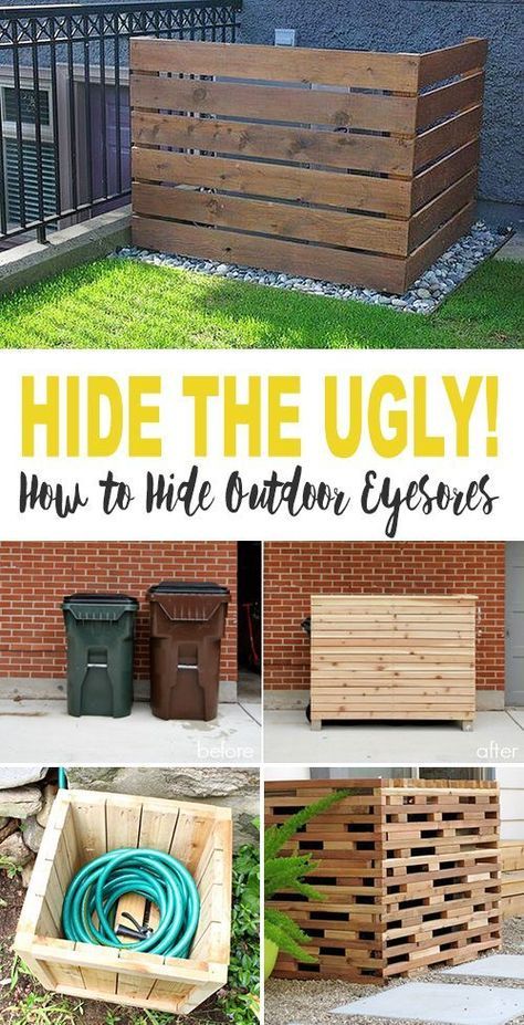 See how to Hide the Ugly with tons of creative DIY projects and tutorials on how to hide ugly trash cans, utility, electrical & a/c units, pool pumps & hoses! #DIY #eyesores #outdooreyesores #hidetrashcans #hidehose #hideutilities #hideoutdooreyesores #hideeyesores Hide Outdoor Eyesores, Trash Can Storage Outdoor, Hide Trash Cans, Hidden Pool, Pool Pumps, Hiding Ugly, Outdoor Trash Cans, Creative Diy Projects, Work Diy