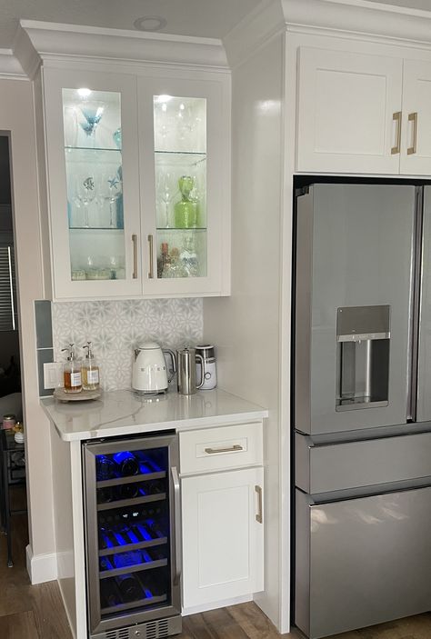 Kitchen Beverage Fridge, Wine Fridge Coffee Bar, Built In Wine Fridge And Coffee Bar, Breville Coffee Station, Wine Refrigerator Ideas, Diy House Makeover, Wine Station, Kitchen Wet Bar, Home Bar Rooms