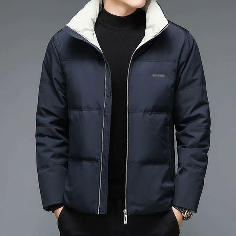 Navy Blue Puffer Jacket Outfit, Blue Puffer Jacket Outfit, Puffer Jacket Outfit Men, Gents Shirts, Basic Coat, Winter Dark, Puffer Jacket Outfit, Blue Puffer Jacket, Mens Outdoor Jackets