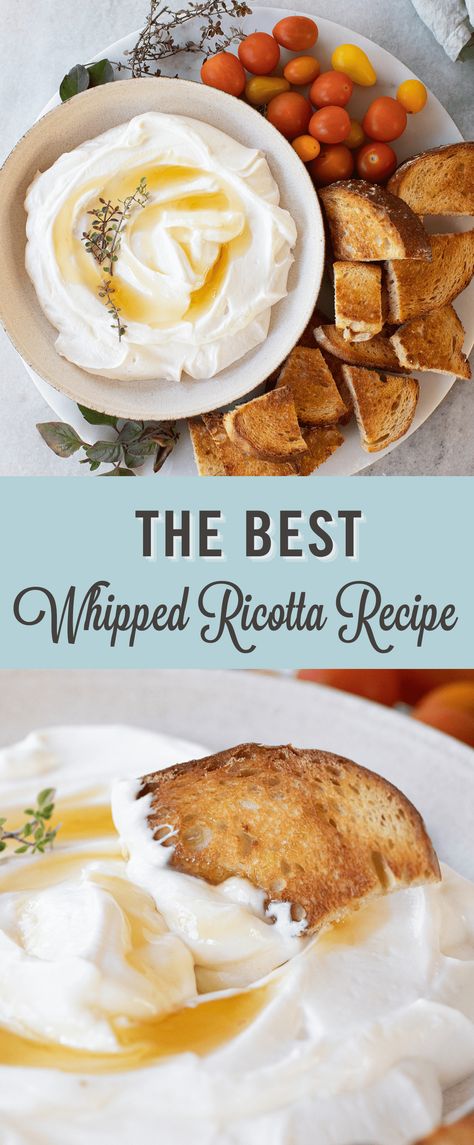 This whipped ricotta recipe is creamy, flavorful, and so easy to make. It's made with only three ingredients and takes less than 5 minutes to make Simple Ricotta Recipes, Bruschetta Recipe Whipped Ricotta, Flavored Ricotta Cheese, Whipped Ricotta Sweet, Best Whipped Ricotta Dip, Ricotta Spread Recipes, Ricotta Snack Ideas, Whipped Ricotta Board, Ricotta Cheese Appetizers