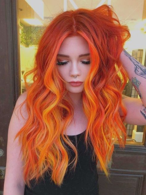 Hair Colour Ideas Orange, Miss Frizzle Hair, Fire Hair Dye, Orange Fall Hair, Sunset Orange Hair, Hair Color Vivid, Orange Hair Bright, Paprika Hair Color, Orange Hair Color Ideas