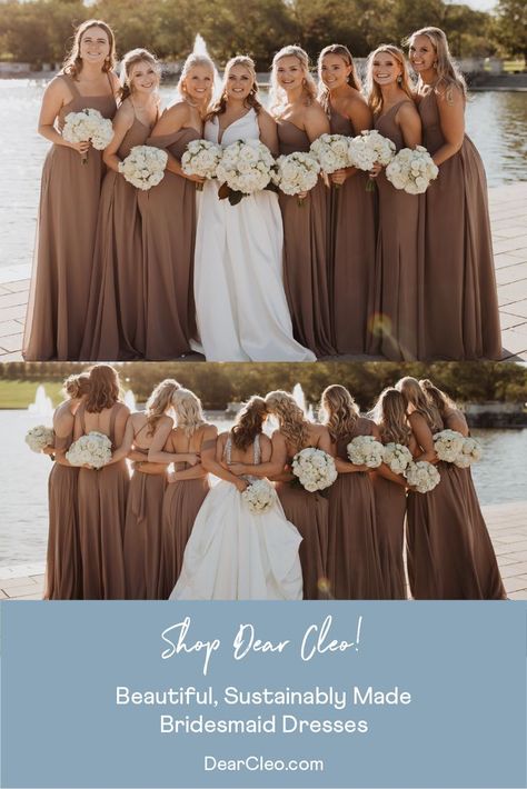 Top photo: Bridesmaids in Mocha brown Chiffon dresses. Bottom photo: Bridesmaids showing off the back details of Dear Cleo's sustainable bridesmaid dresses. Satin Mocha Bridesmaid Dresses, Dusty Brown Bridesmaid Dresses, Mocha Bridesmaid Dress, Mocha Brown Bridesmaid Dresses, Mocha Brown Wedding Theme, Bridesmaid Dresses Neutral Colors, Mocha Wedding Dress, Mocha Bridesmaids Dresses, Mocha Wedding Theme