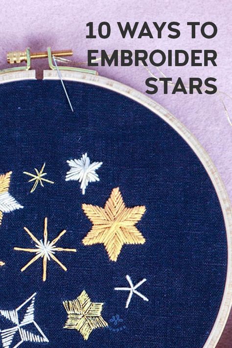 10 ways to embroider stars – with free pattern Embroidery Star Stitch, Sashiko Star Pattern, Embroidery Stars Simple, Moon And Stars Embroidery Pattern, How To Embroider Stars Easy, Hand Embroidered Stars, Embroidery Patterns Stars, Christmas Star Embroidery, Embroidered Moon And Stars