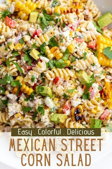 If you're a fan of Classic Mexican Street Corn then you're going to LOVE this fun twist in the form Mexican Street Corn PASTA SALAD! Mexican Pasta Salad Recipes, Mexican Street Corn Pasta Salad, Mexican Street Corn Pasta, Street Corn Pasta Salad, Street Corn Pasta, Corn Pasta Salad, Summer Pasta Salad Recipes, Street Corn Salad, Mexican Pasta