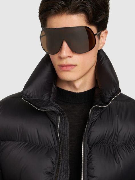 RICK OWENS Mask Shield Men Sunglasses Rick Owens Men, Men Sunglasses, Shield Sunglasses, Stainless Steel Frame, Polarized Lenses, Rick Owens, Prescription Lenses, Steel Frame, Black And Brown