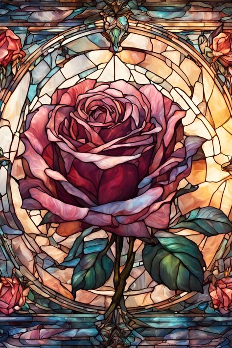 Faux stained glass image of a rose Stained Glass Art Rose, Stained Glass Flower Pattern, Stained Glass Tattoo Ideas, Stained Glass Aesthetic, Glass Art Ideas, Stained Glass Tattoo, Art Deco Design Graphics, Rose Artwork, Disney Stained Glass