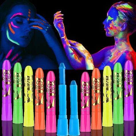 PRICES MAY VARY. ✨【Easy to color and clean】: These glow in the dark markers use a rotating design that can be turned on and off in an instant. It can be easily colored with one swipe, saving you a lot of time. In addition, these neon pens are very easy to clean, just use water or soap to clean them without residue. It is an indispensable small tool for every party game session.Please note: Body paint glow sticks cannot directly glow in the dark, they need to be glow in the dark under UV. ✨【Safe Blacklight Birthday Party, Neon Face Paint, Dark Face, Glow In Dark Party, Neon Birthday Party, Glow Birthday Party, Party Make-up, Face Paint Kit, Makeup Kit For Kids