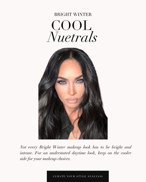 The Bright Winter makeup guide 🖤 . #coloranalysis #colouranalysis #brightwinter #meganfox #brightwintercolors #brightwinterinspiration #coloranalyst Bright Winter Makeup Palette, Bright Winter Colors, Deep Winter Jewelry, Bright Winter Makeup Looks, Winter Cool Palette, Clear Winter Makeup, Bright Winter Makeup, Bright Winter Color Palette, Deep Winter Colors