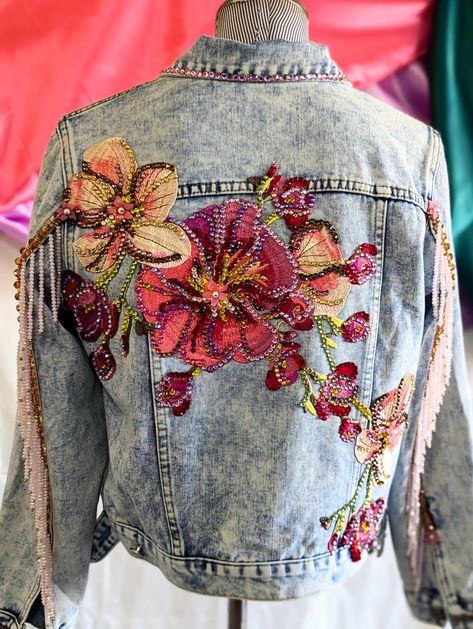 This Womens Jackets & Coats item is sold by KosturakisCrafts. Ships from Houston, TX. Listed on Sep 3, 2024 Denim Jacket Upcycle Ideas, Embellished Jacket Diy, Distressed Denim Jacket Diy, Painting Denim Jacket, Jean Hacks, Jean Jacket Art, Painting Denim, Rhinestone Denim Jacket, Denim Jacket Embroidery