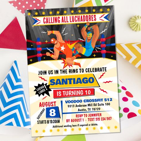 Lucha Libre Birthday Party, Lucha Libre Party, Wrestling Birthday, Mexican Wrestling, Lucca, Birthday Party Invitations, Wwe, Birthday Invitations, Party Invitations