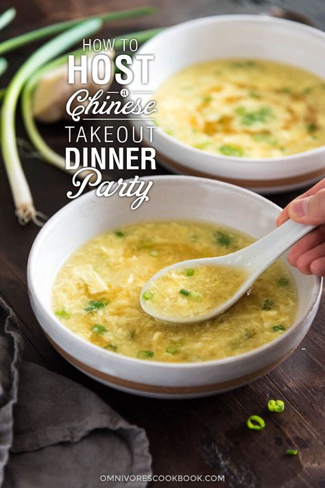 How to Host a Chinese Takeout Dinner Party | Chinese Food | Takeout | Party | Asian Food | Recipes | Ideas | How-to | Fried Rice | Chicken | Beef | Soup Chinese Food Party Ideas, Asian Dinner Party Menu Ideas, Chinese Dinner Party Menu Ideas, Chinese Egg Drop Soup, Chinese Dinner, Chinese Egg, Mapo Tofu, Rice Chicken, Egg Drop Soup