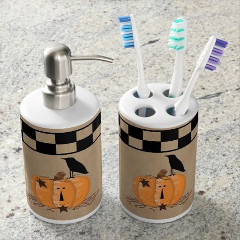 Counrty Primitive Pumpkin Toothbrush/Soap Set  $25.65  by MouseCountry  The post Counrty Primitive Pumpkin Toothbrush/Soap Set appeared first on wit  whimsey.  #pumpkin #pumpkindecor #pumpkinspice #halloween #fall #falldecor #autumn White And Rose Gold Bathroom, Baseball Bathroom, Rose Gold Bathroom, Bathroom Dispensers, Girl Bathroom, Primitive Bathrooms, Pumpkin Gift, Brown Bathroom, Bathroom Idea