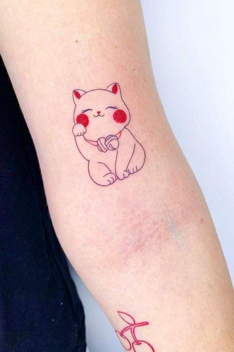 Chinese Cat Tattoo, Lucky Cat Drawing, Maneki Neko Tattoo, Cat And Dog Tattoo, Lucky Cat Tattoo, Geometric Animal Tattoo, Kitten Tattoo, Cat Tattoo Ideas, Lucky Tattoo