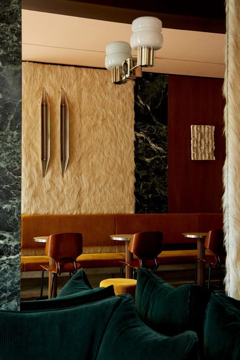 Giampiero Tagliaferri lines Aspen coffee bar with green marble and faux fur Narrow Rooms, Flagstone Flooring, Plywood Chair, Italian Interior, Studio Photos, Floating Lights, Sight Unseen, Banquette Seating, Retro Interior