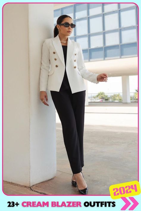 Professional black trousers and white top, paired with a cream blazer for a polished and sleek office look. This cream blazer outfit is perfect for important meetings and professional events where you need to make an impression. Cream Blazer Outfit, White Blazer Outfit, White Blazer Outfits, Blazer Outfit Ideas, Sleek Office, Off White Blazer, Professional Event, Cream Blazer, Blazer Outfit