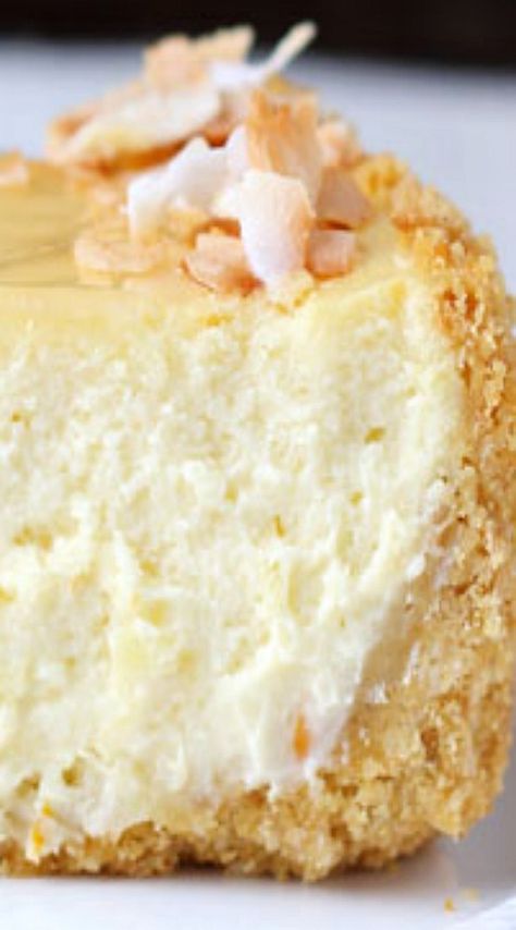 Piña Colada Cheesecake recipe (pineapple, coconut, and rum). (Spelled without the accent so it will show up in a search: pina colada cheesecake) Pineapple Coconut Cheesecake Recipe, Cake Recipes Pineapple, Rum Cheesecake Recipe, Cheesecake Beautiful, Cheesecake Pineapple, Pineapple Ideas, Recipes Pineapple, Cheesecake Desserts, Pineapple Coconut