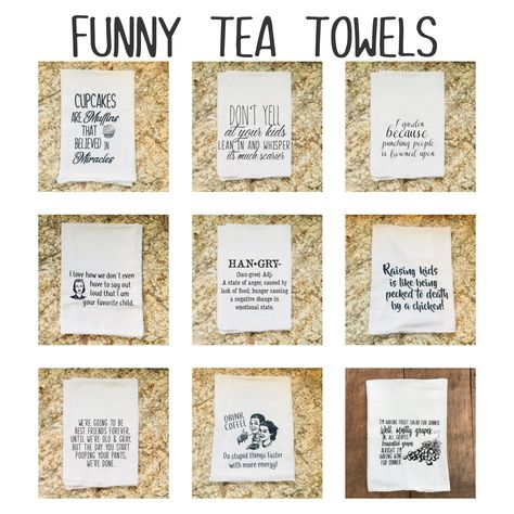 Funny Tea Towels | Coffee | Kids | Friend | Wine | Home Decor Gift Cricut Kitchen Towels, Htv Tea Towels Diy, Tea Towel Sayings, Cricut Tea Towels, Yea Towels Cricut, Yea Towels, Cricut Towels, Flour Sack Towels Crafts, Funny Tea Towels Hilarious