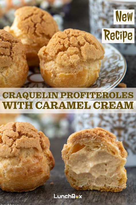 Craquelin Profiteroles with Caramel Cream Caramel Cream Filling, Profiterole Filling Ideas, Salted Caramel Cream Puffs, Choix Pastry, Profiteroles Recipe, Salted Caramel Filling, Profiterole, French Dessert Recipes, Caramel Filling