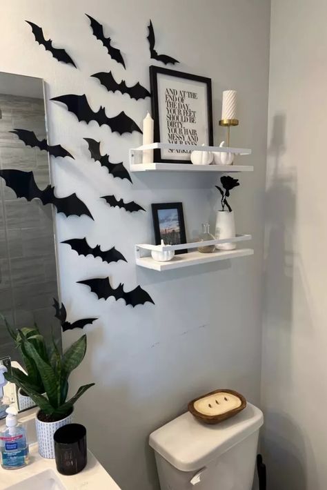 Halloween Home Decor Bathroom, Cute Halloween Bathroom Decor, Indoor Bat Decorations, Bats On Mirror Decor, Bat Wall Decor Halloween Decorations, Bathroom Dollhouse, Amazon Halloween, Halloween Bat Decorations, Halloween Bathroom